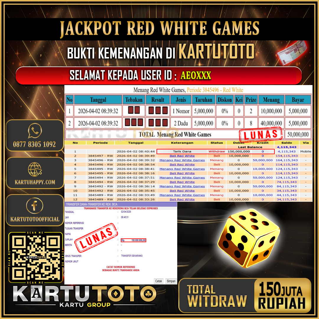 KARTUTOTO JACKPOT LIVE GAME RED WHITE GAMES Rp.150.000.000,- LUNAS USER ID : AEO***‎ ‎ ‎