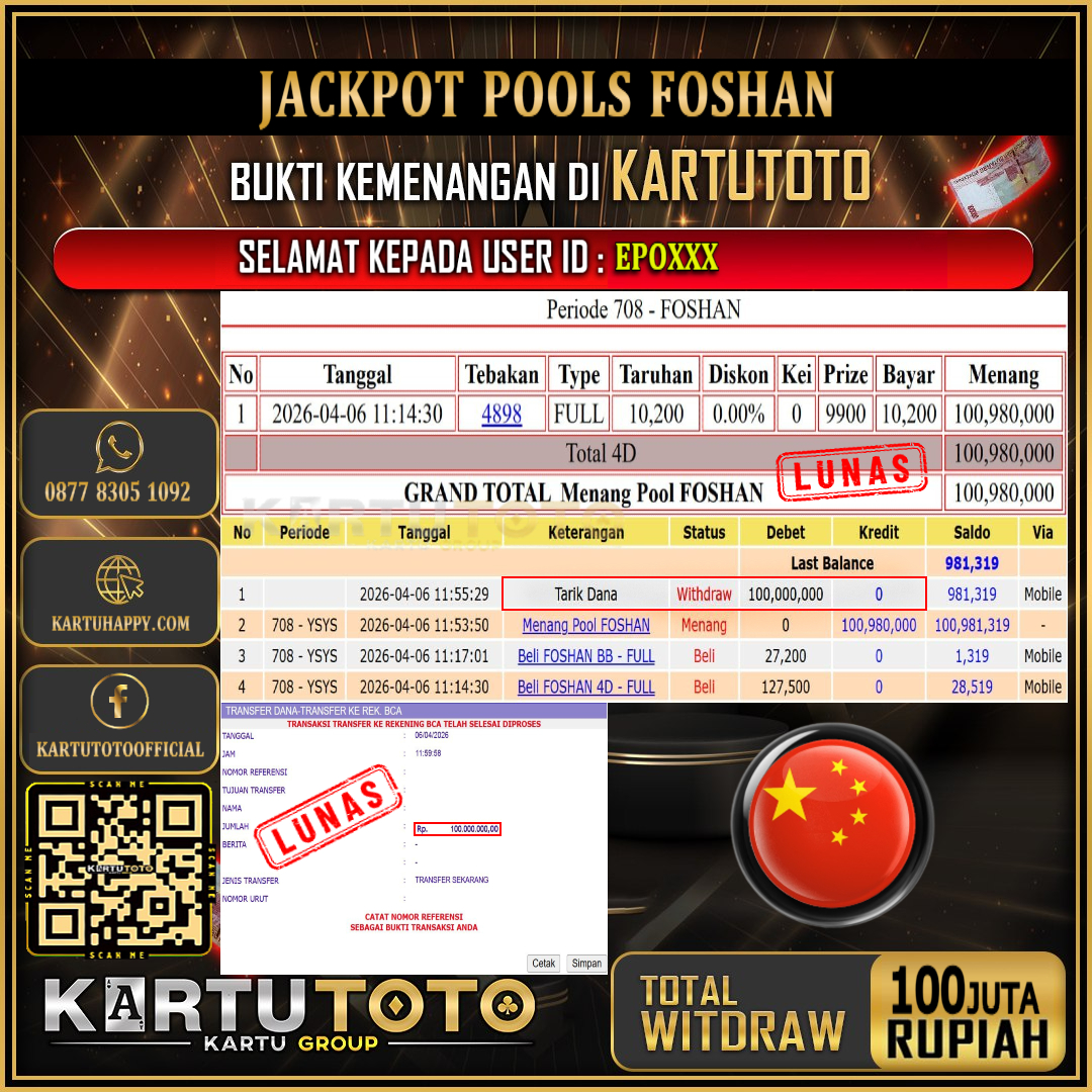KARTUTOTO JACKPOT TOGEL FOSHAN Rp.100.000.000,- LUNAS USER ID : EPO***‎ ‎ ‎