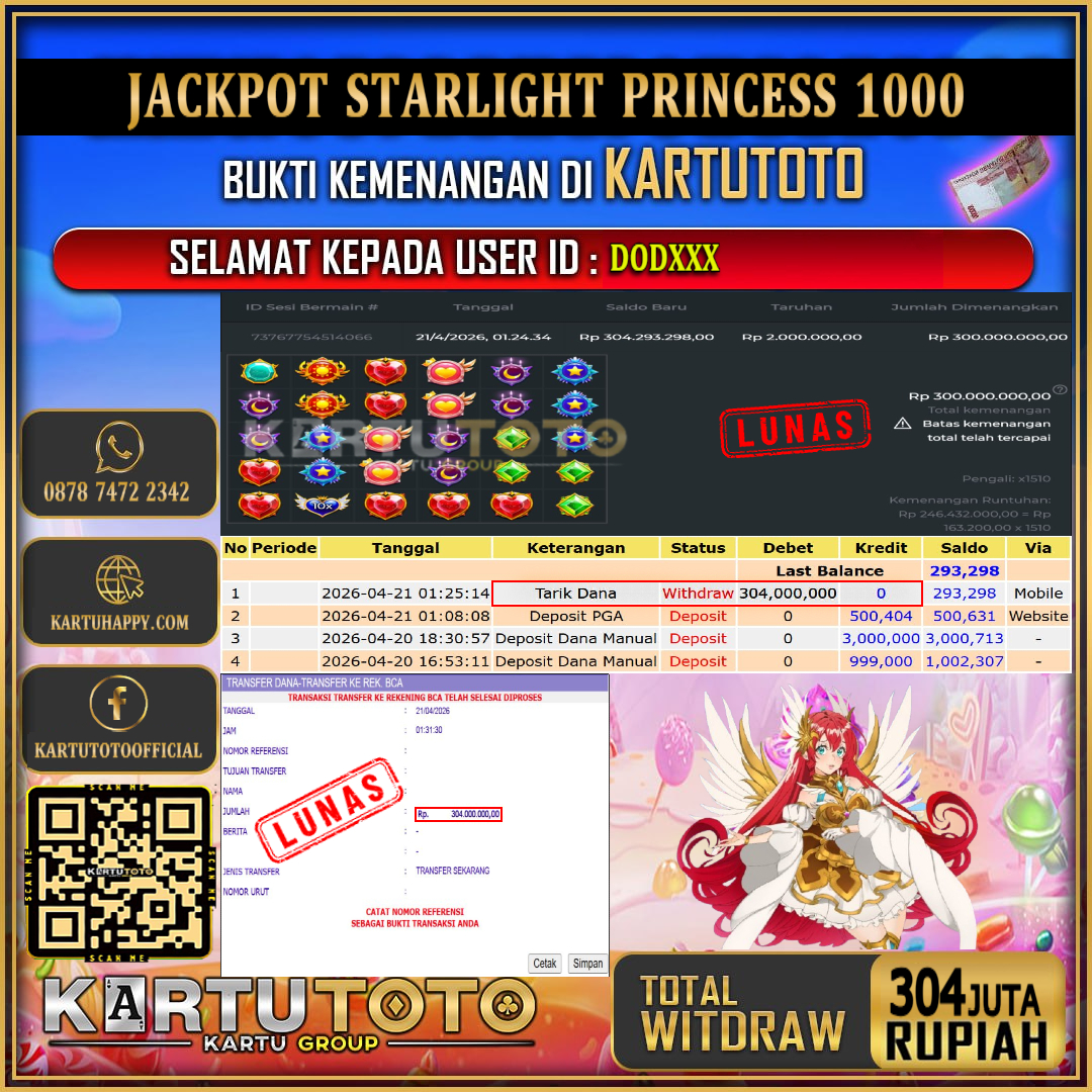 KARTUTOTO JACKPOT SLOT STARLIGHT PRINCESS 1000 Rp.304.000.000,- LUNAS USER ID : DOD***‎ ‎ ‎