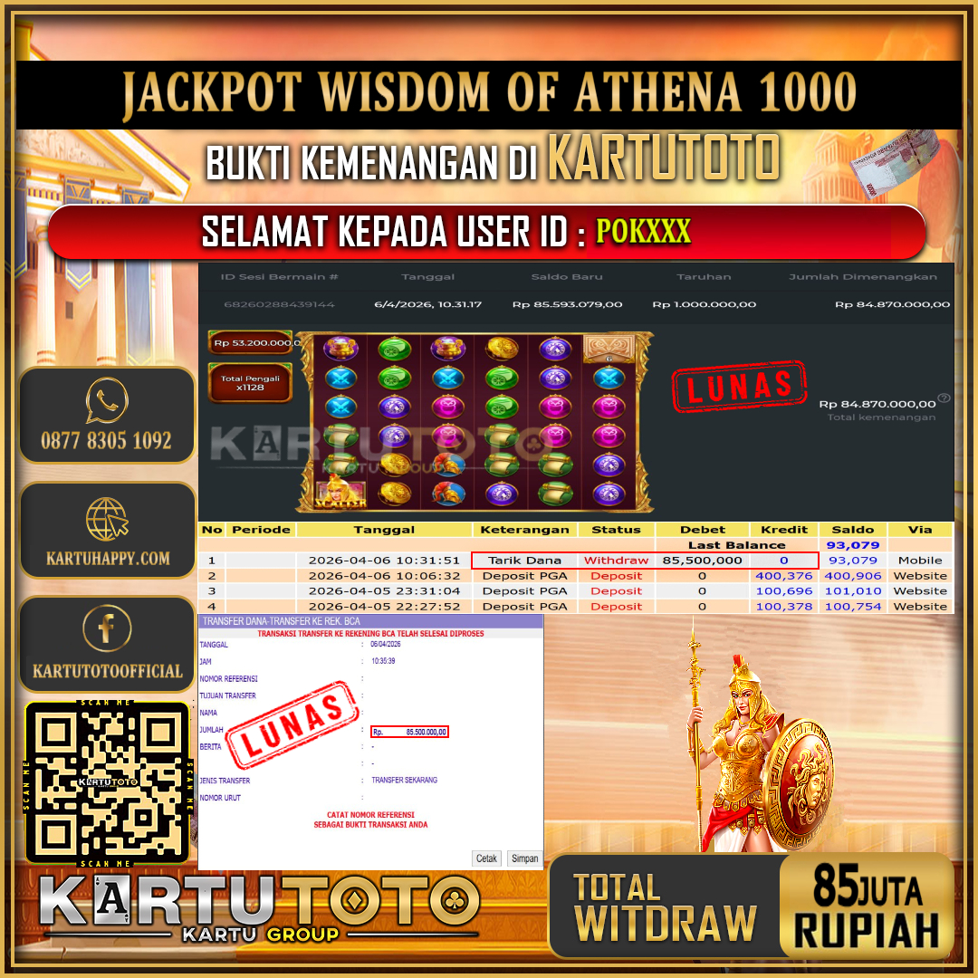 KARTUTOTO JACKPOT SLOT WISDOM OF ATHENA 1000 Rp.85.000.000,- LUNAS USER ID : POK***‎ ‎ ‎