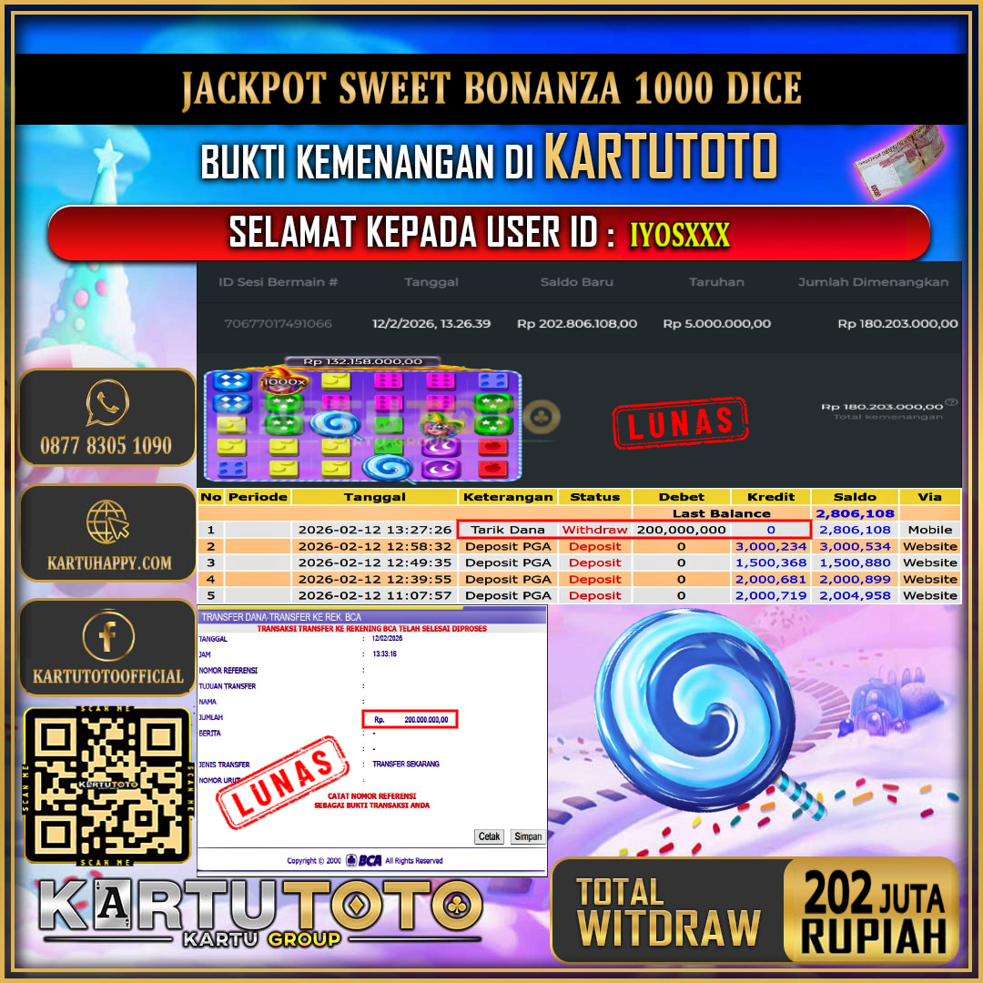KARTUTOTO JACKPOT SLOT SWEET BONANZA 1000 DICE Rp.202.000.000,- LUNAS USER ID :  IYOS***‎ ‎ ‎ 