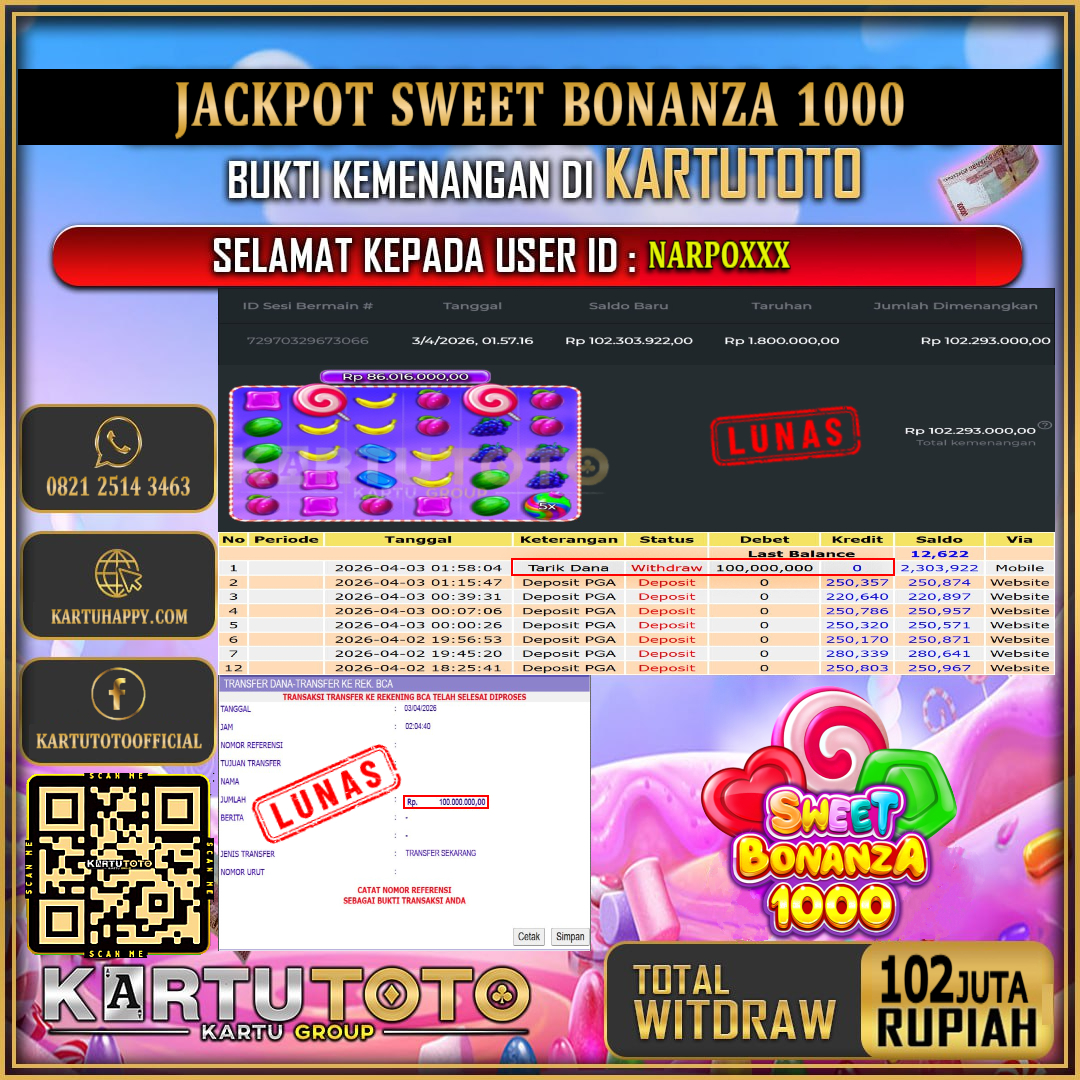KARTUTOTO JACKPOT SLOT SWEET BONANZA 1000 Rp.102.000.000,- LUNAS USER ID : NARPO***‎ ‎ ‎