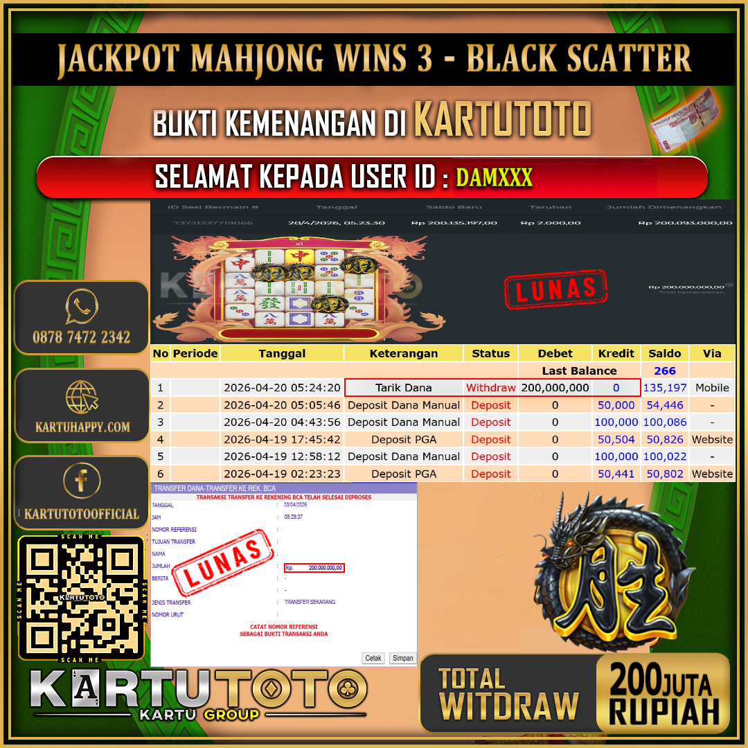 KARTUTOTO JACKPOT SLOT MAHJONG WINS 3 - BLACK SCATTER Rp.200.000.000,- LUNAS USER ID :  DAM***‎ ‎ ‎