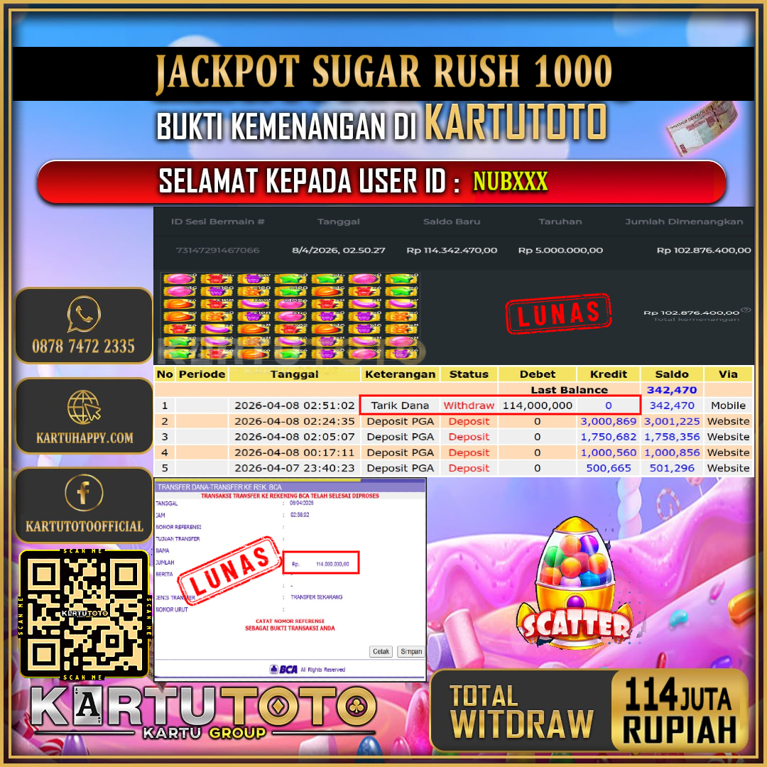 KARTUTOTO JACKPOT SLOT SUGAR RUSH 1000 Rp.114.000.000,- LUNAS USER ID : NUB***‎ ‎ ‎