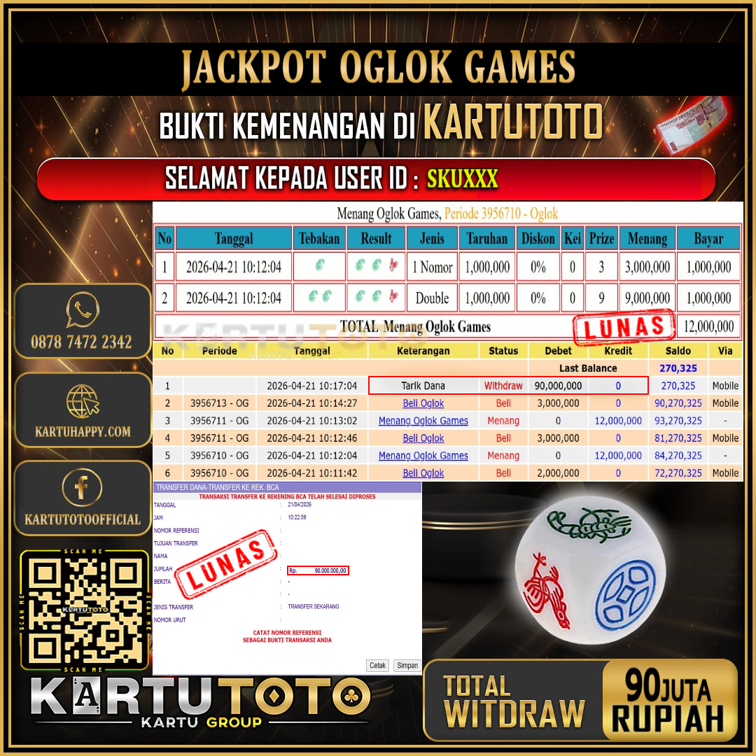 KARTUTOTO JACKPOT LIVE GAME OGLOK GAMES Rp.90.000.000,- LUNAS USER ID : SKU***‎ ‎ ‎