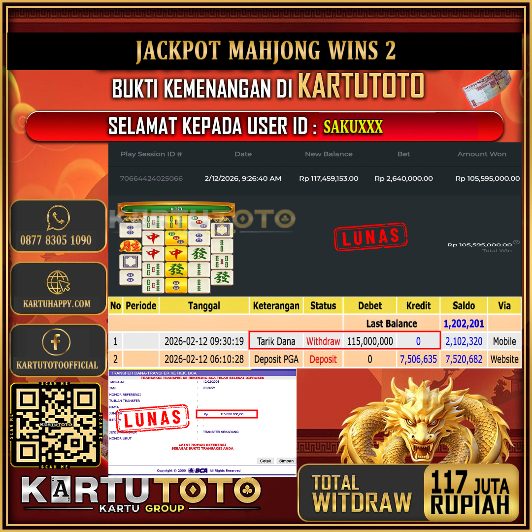 KARTUTOTO JACKPOT SLOT MAHJONG WINS 2 Rp.117.000.000,- LUNAS USER ID :  SAKU***‎ ‎ ‎ 