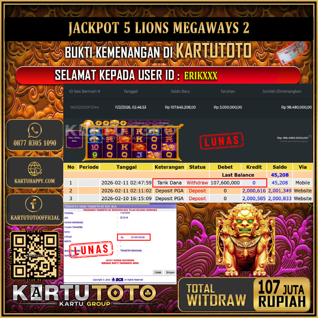 KARTUTOTO JACKPOT SLOT 5 LIONS MEGAWAYS 2 Rp.107.000.000,- LUNAS USER ID :  ERIK***‎ ‎ ‎ 