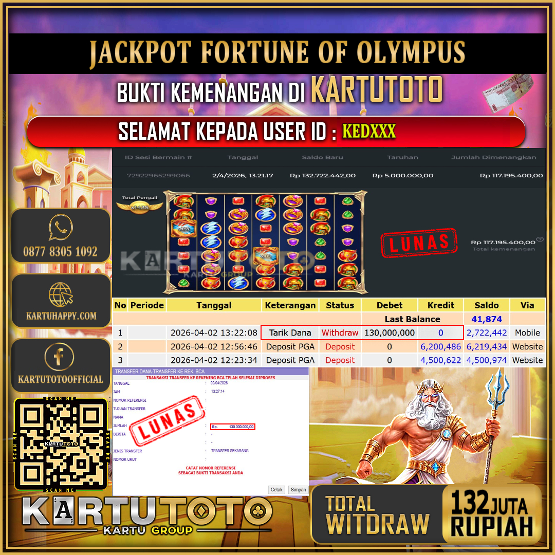 KARTUTOTO JACKPOT SLOT FORTUNE OF OLYMPUS Rp.132.000.000,- LUNAS USER ID : KED***‎ ‎ ‎