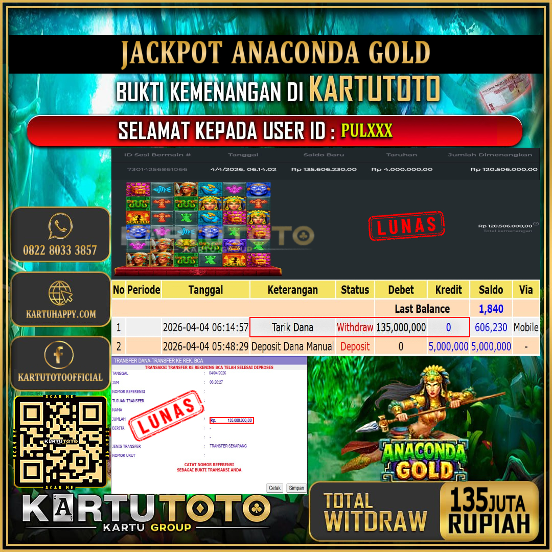 KARTUTOTO JACKPOT SLOT ANACONDA GOLD Rp.135.000.000,- LUNAS USER ID : PUL***‎ ‎ ‎