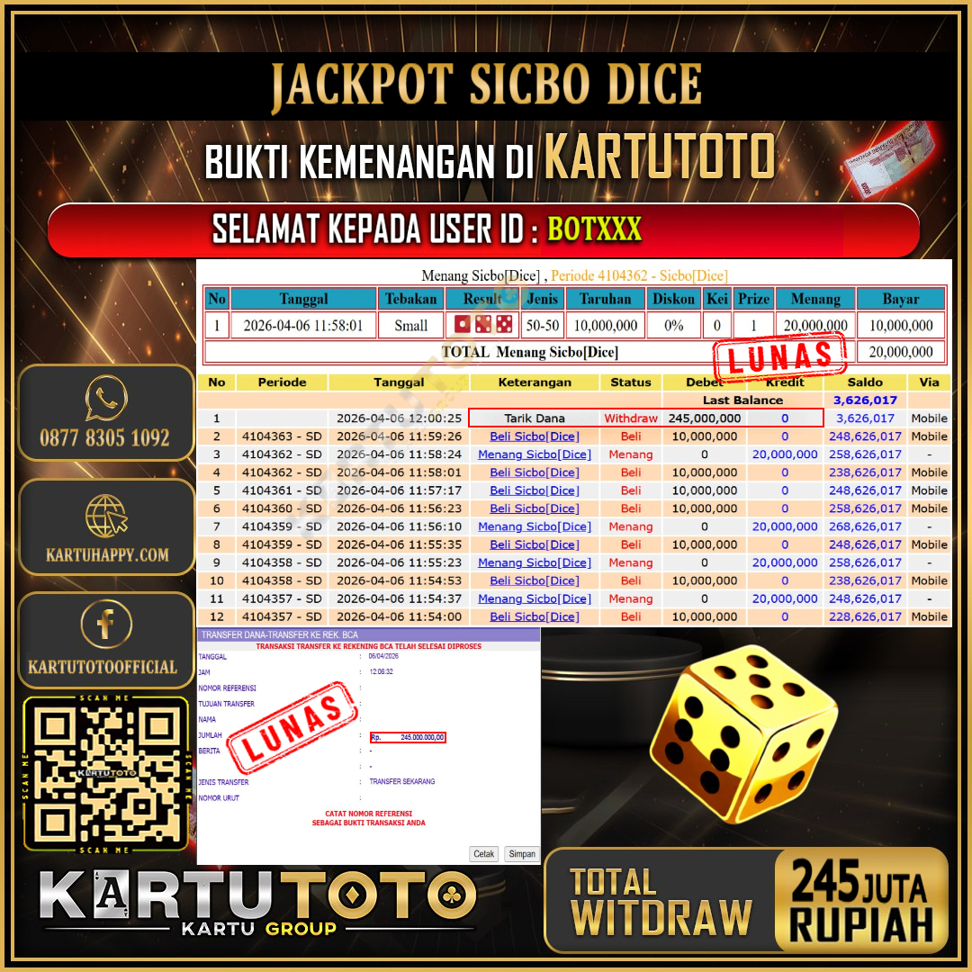 KARTUTOTO JACKPOT LIVE GAME SICBO DICE Rp.245.000.000,- LUNAS USER ID : BOT***‎ ‎ ‎