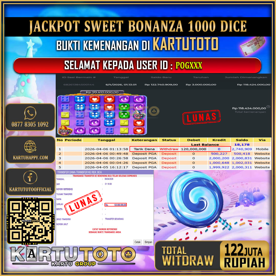 KARTUTOTO JACKPOT SLOT SWEET BONANZA 1000 DICE Rp.122.000.000,- LUNAS USER ID : POG***‎ ‎ ‎
