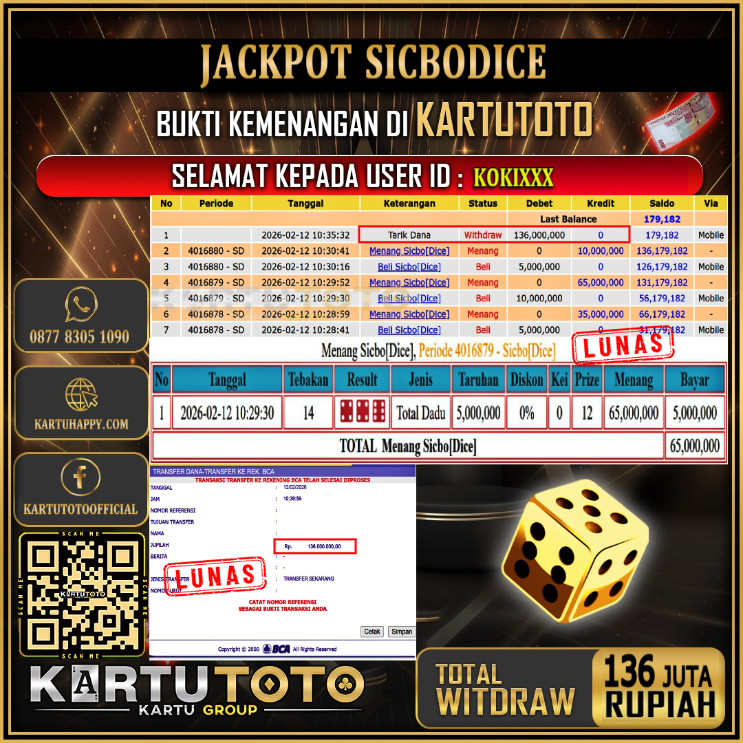 KARTUTOTO JACKPOT LIVE GAME SICBODICE Rp.136.000.000,- LUNAS USER ID :  KOKI***‎ ‎ ‎ 
