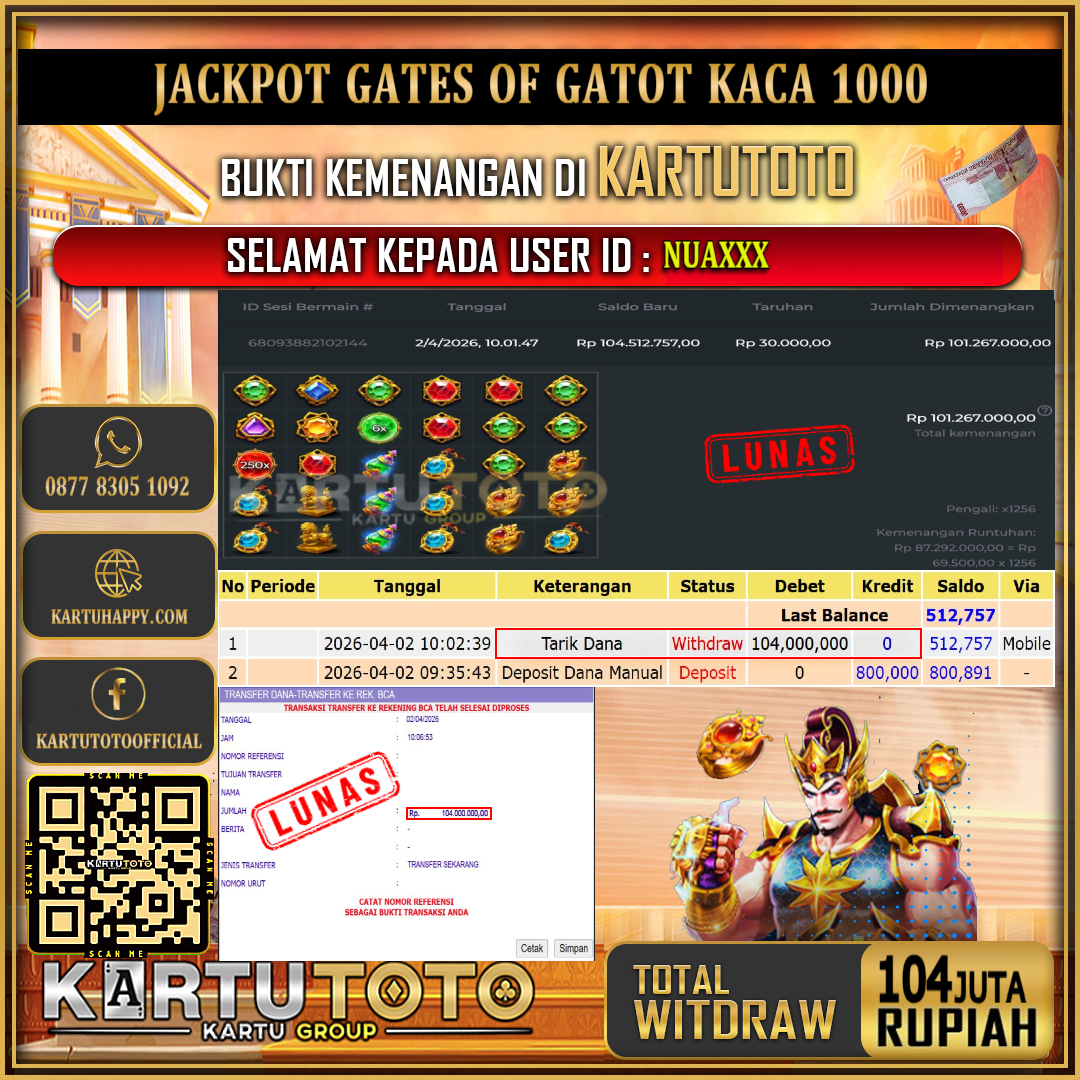 KARTUTOTO JACKPOT SLOT GATES OF GATOT KACA 1000 Rp.104.000.000,- LUNAS USER ID : NUA***‎ ‎ ‎