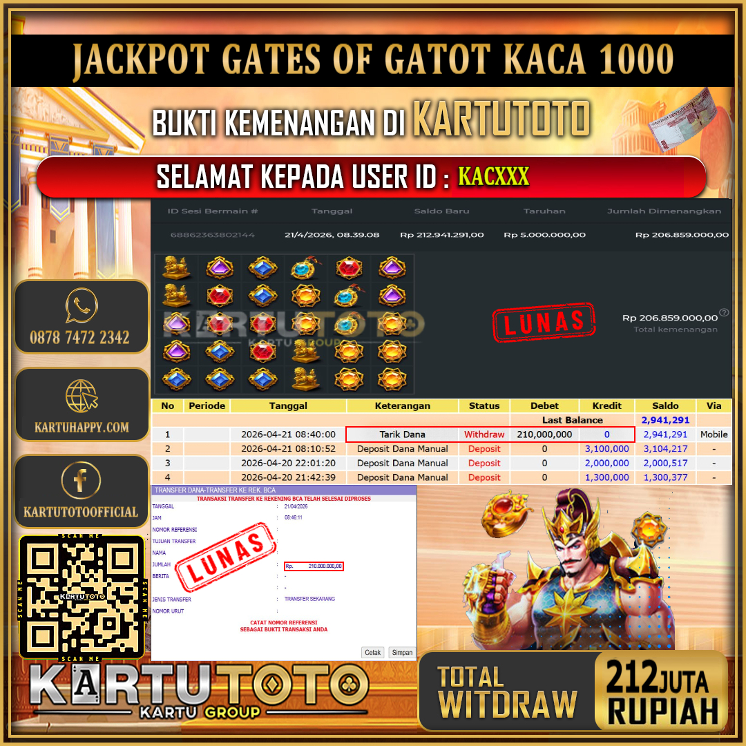 KARTUTOTO JACKPOT SLOT GATES OF GATOT KACA 1000 Rp.212.000.000,- LUNAS USER ID : KAC***‎ ‎ ‎