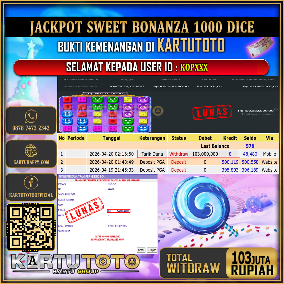 KARTUTOTO JACKPOT SLOT SWEET BONANZA 1000 DICE Rp.103.000.000,- LUNAS USER ID : KOP***‎ ‎ ‎