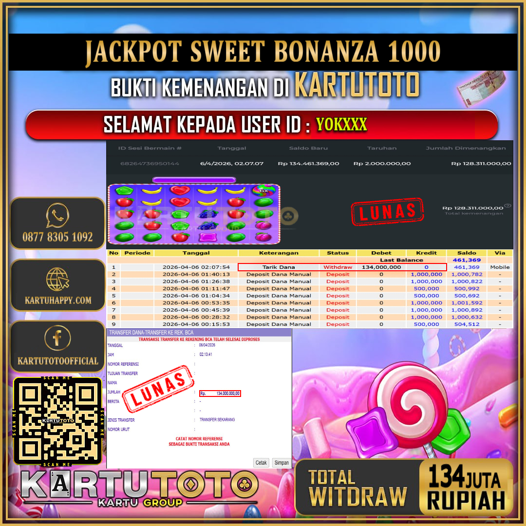 KARTUTOTO JACKPOT SLOT SWEET BONANZA 1000 Rp.134.000.000,- LUNAS USER ID : YOK***‎ ‎ ‎