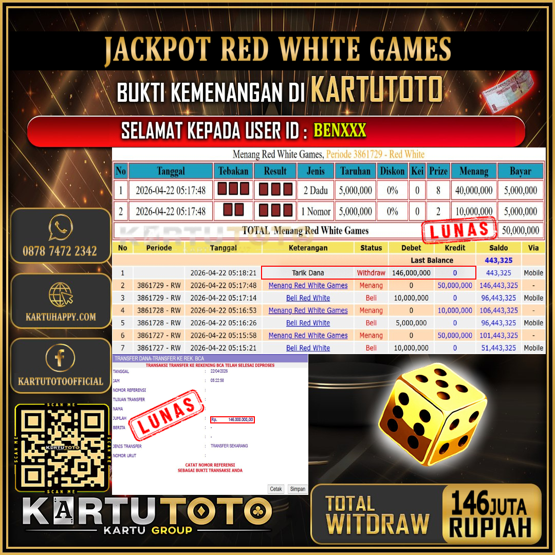 KARTUTOTO JACKPOT LIVE GAME RED WHITE GAMES Rp.146.000.000,- LUNAS USER ID : BEN***‎ ‎ ‎
