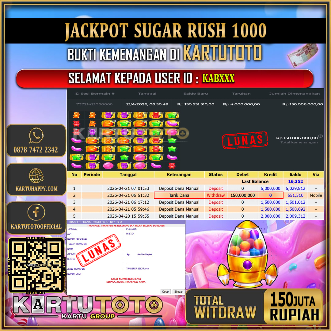 KARTUTOTO JACKPOT SLOT SUGAR RUSH 1000 Rp.150.000.000,- LUNAS USER ID : KAB***‎ ‎ ‎