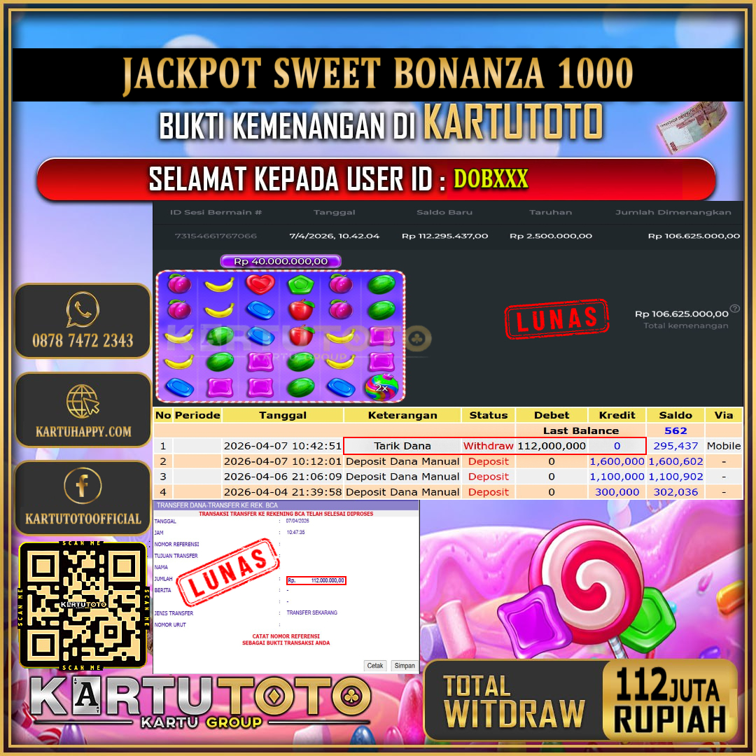 KARTUTOTO JACKPOT SLOT SWEET BONANZA 1000 Rp.112.000.000,- LUNAS USER ID : DOB***‎ ‎ ‎