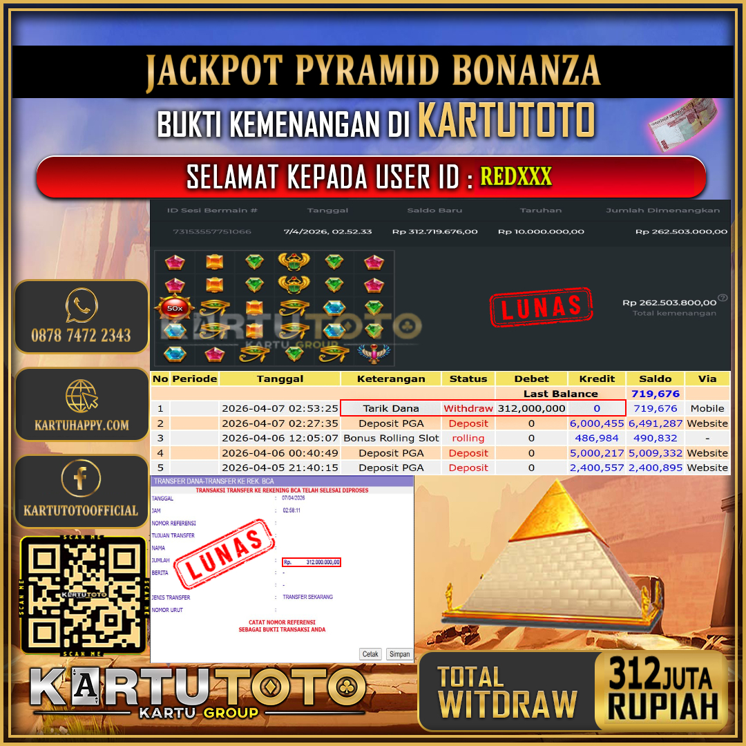 KARTUTOTO JACKPOT SLOT PYRAMID BONANZA Rp.312.000.000,- LUNAS USER ID : RED***‎ ‎ ‎
