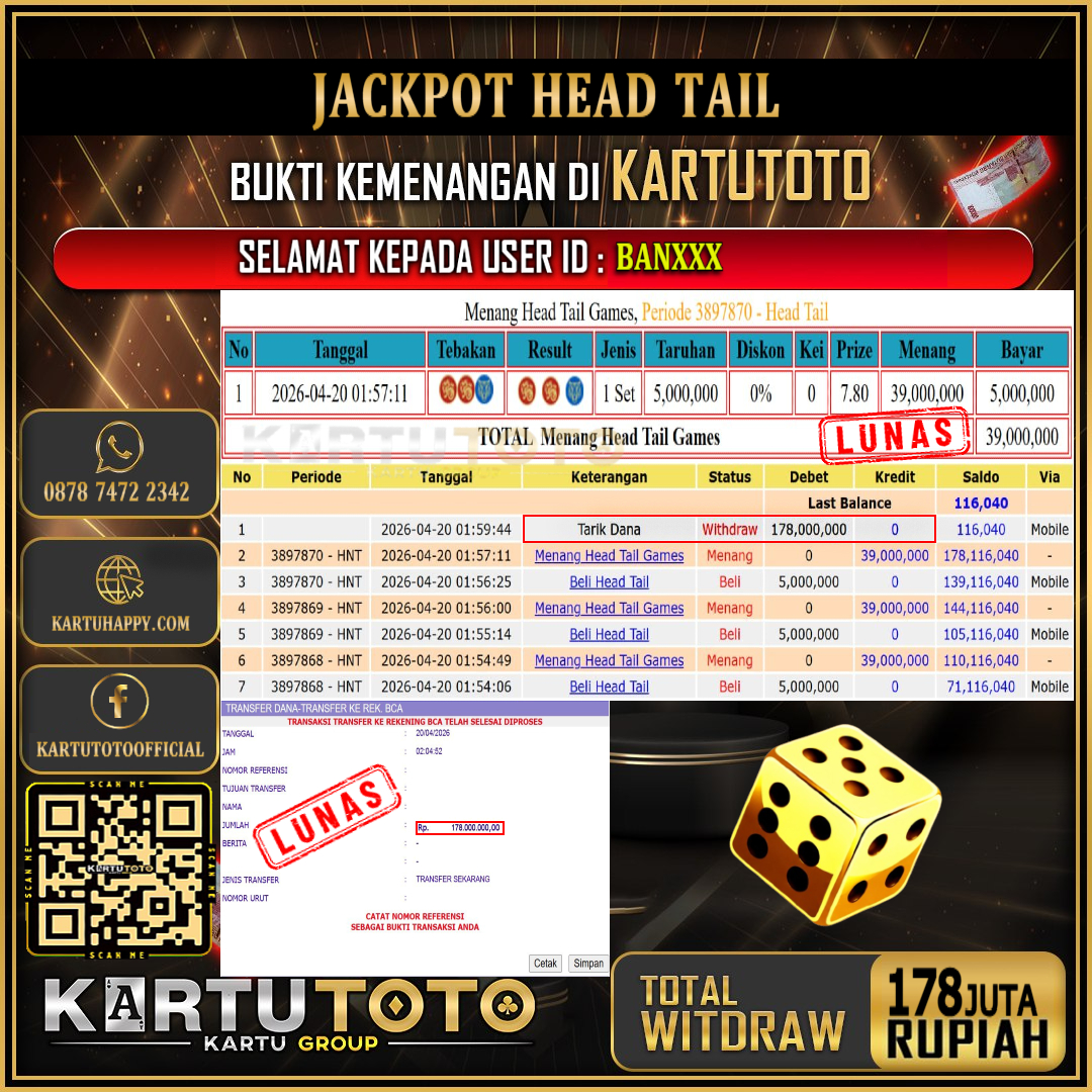 KARTUTOTO JACKPOT LIVE GAME HEAD TAIL Rp.178.000.000,- LUNAS USER ID :  BAN***‎ ‎ ‎