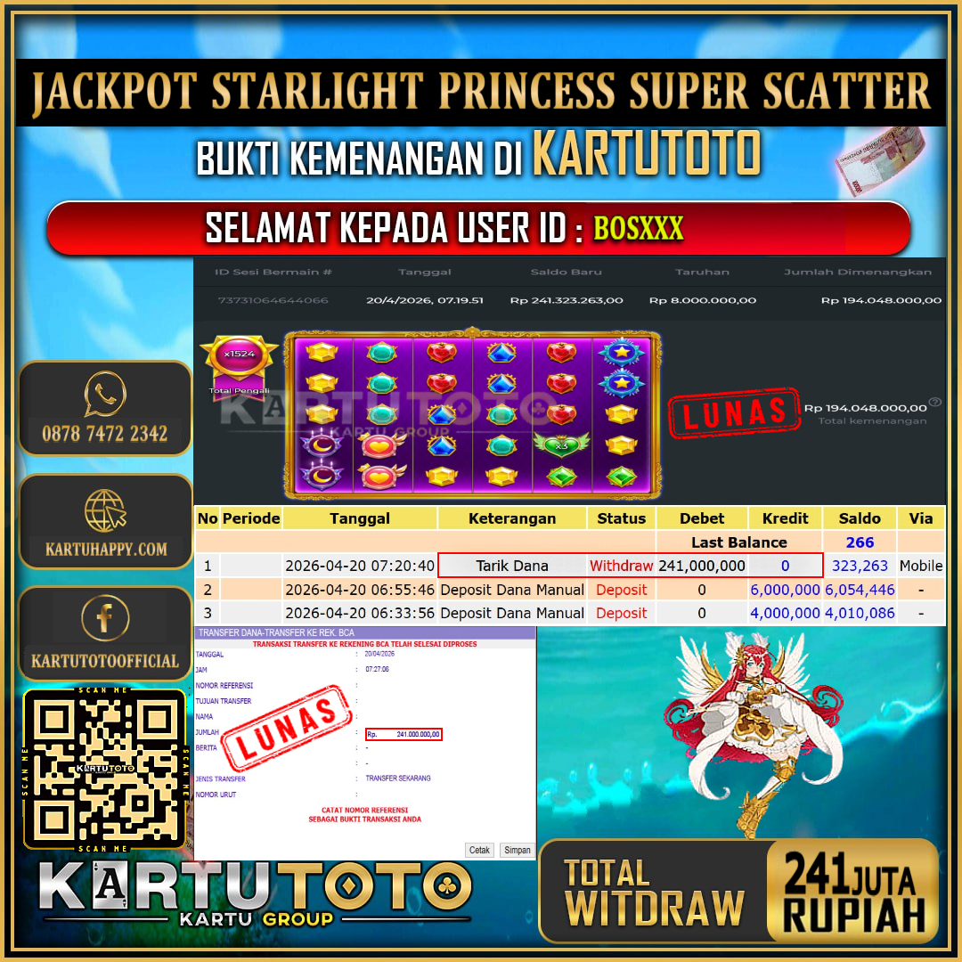 KARTUTOTO JACKPOT SLOT STARLIGHT PRINCESS SUPER SCATTER Rp.241.000.000,- LUNAS USER ID : BOS***‎ ‎ ‎