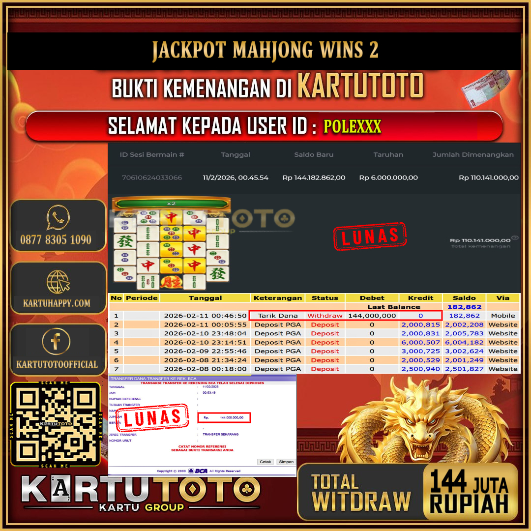 KARTUTOTO JACKPOT SLOT MAHJONG WINS 2 Rp.144.000.000,- LUNAS USER ID :  POLE***‎ ‎ ‎ 